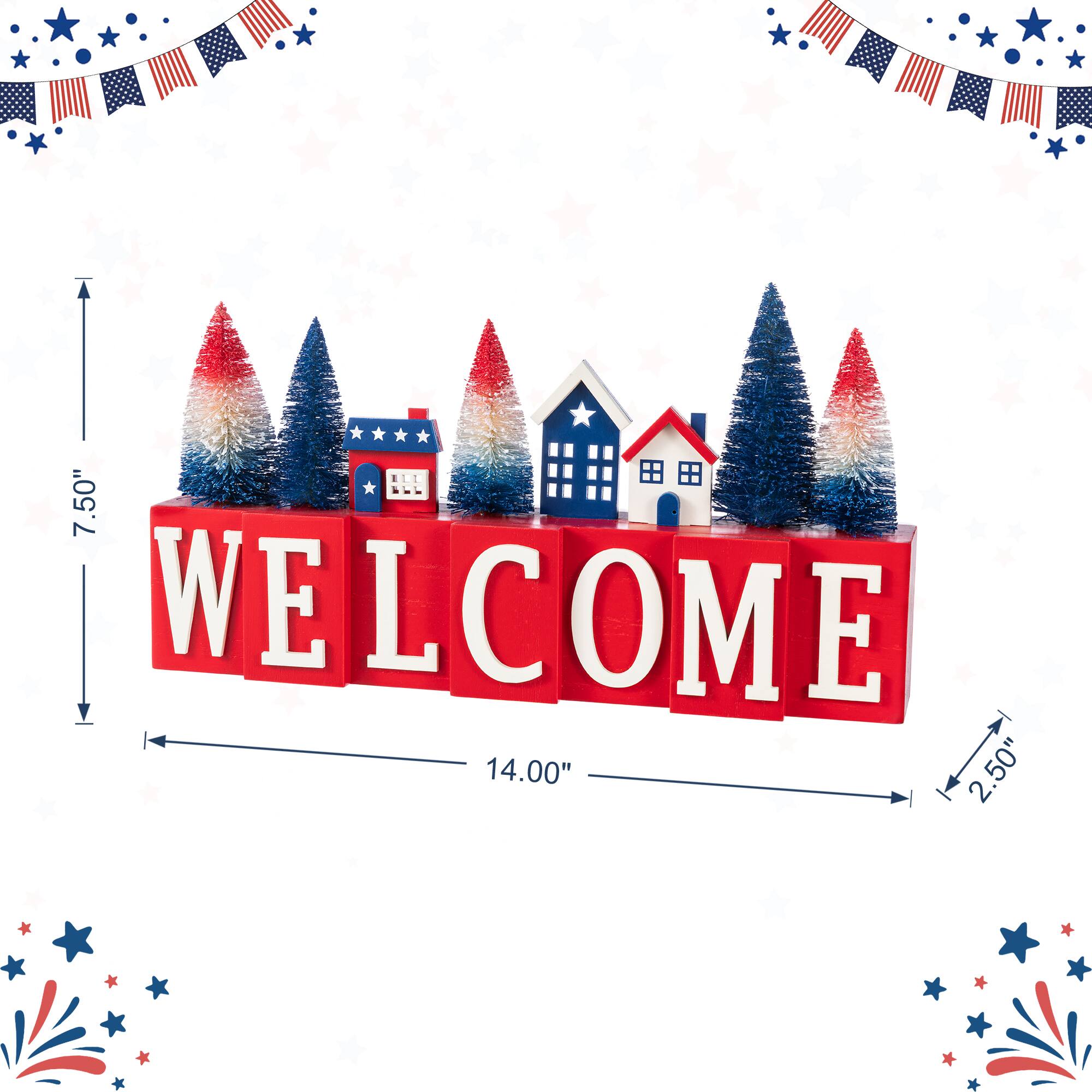 Glitzhome® 14" Patriotic Americana Wooden House & Brush Trees Table Decor